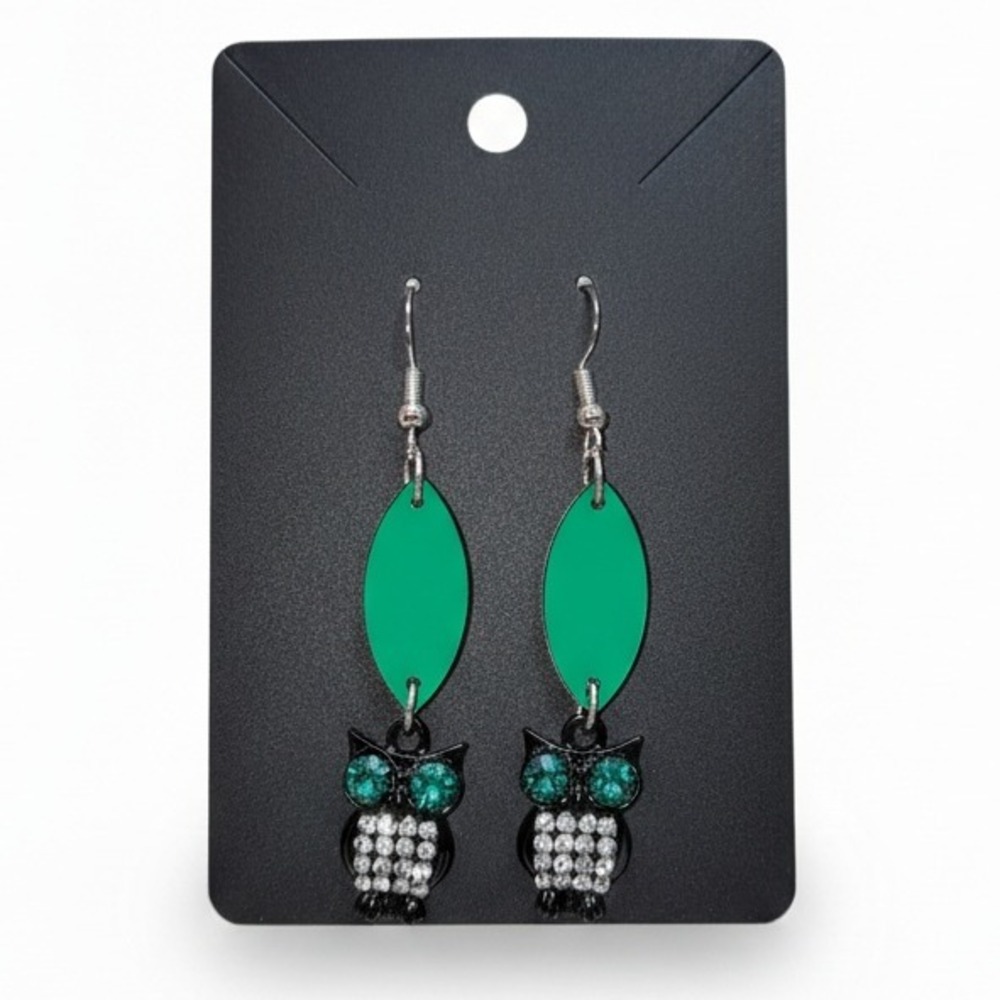 Dangle Owl Earrings Green Oval Crystal Rhinestone‎ Silver Tone Hook